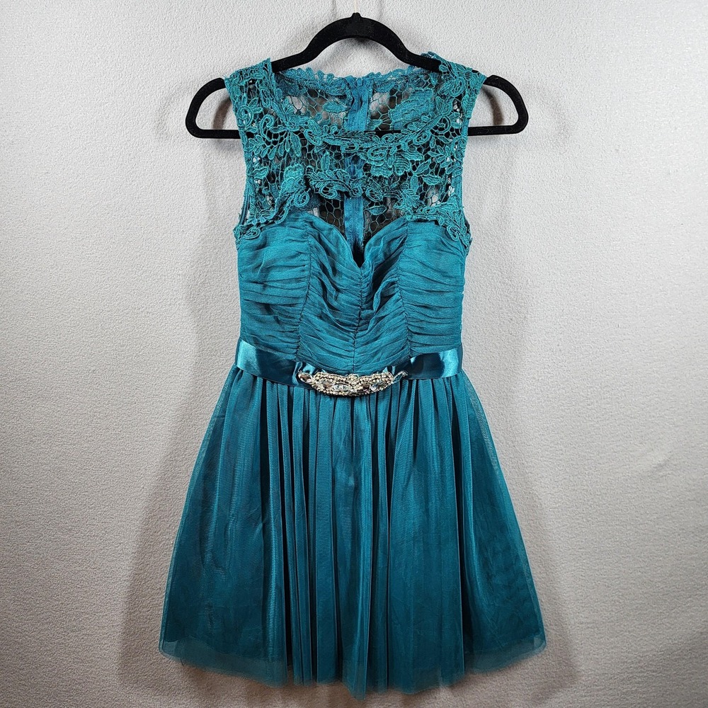 Sequin Hearts Dress Womens Size 7 Teal‎ Lace Sleeveless Fit Flare Formal Party